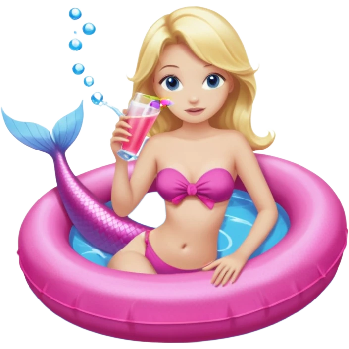 woman with blonde hair and blue eyes sitting in a pink pool tube in a blue pool sipping a drink wearing a pink bikini top and a pink mermaid tail  emoji