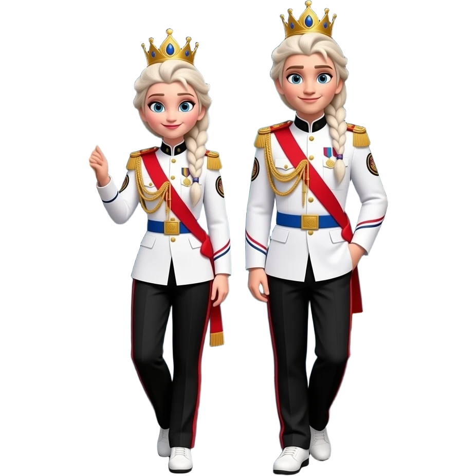 Elsa and Anna from disney frozen are same wearing gold tiara white military tunic arm badge shoulder cord medal red sash blue belt black trouser with both side red stripe white shoes and they both lean out of kolkata Indian suburban passenger train door in Sodpur West Bengal India emoji
