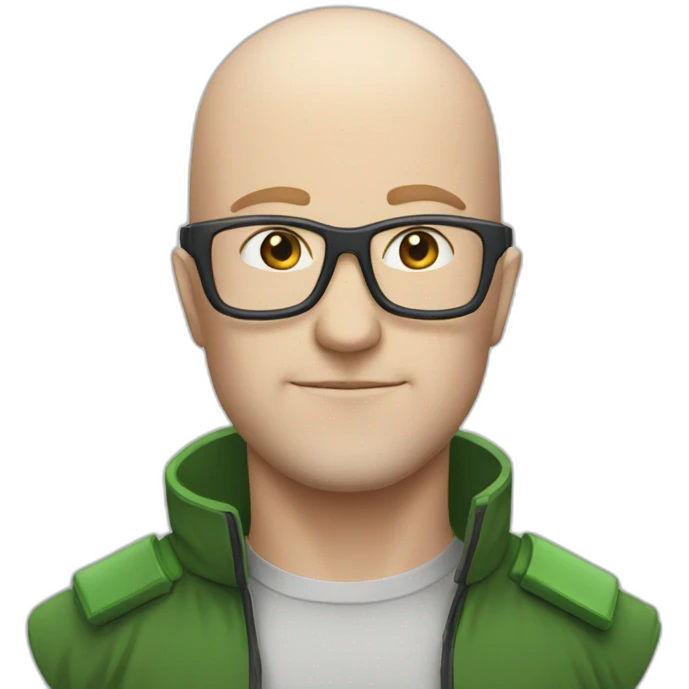 Bald Irish man with glasses and a Gundam helmet emoji