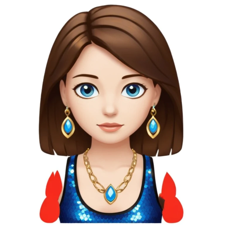 A woman with smooth brown hair with white skin and blue eyes, she has a black sequined tank top and golden jewelry emoji
