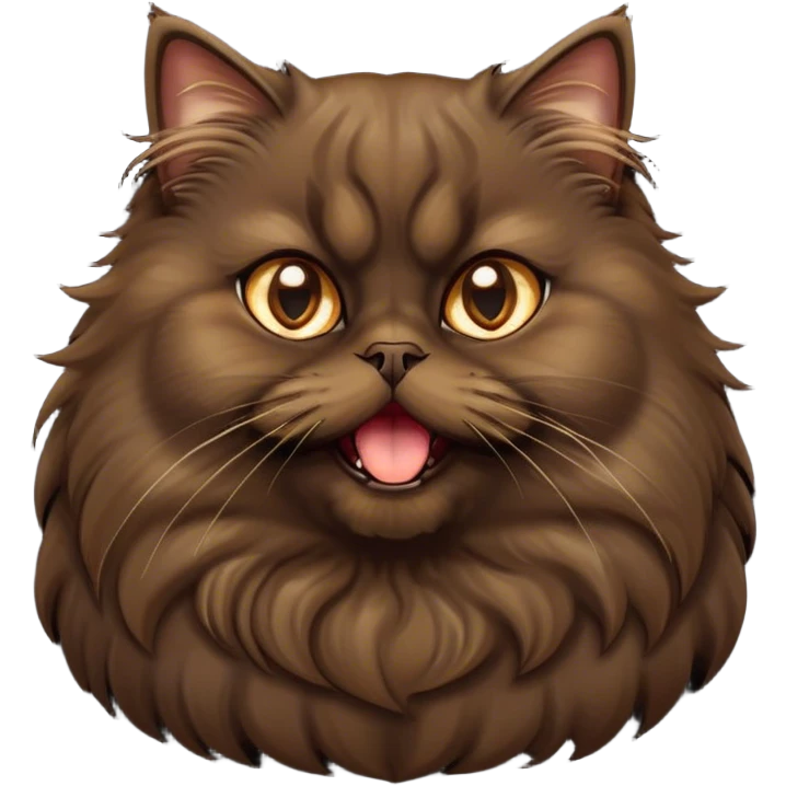Cinematic Adorable Big-Eyed Fluffy Dark Brown Persian Cat Portrait Emoji, Head tilted playfully with a cute, exaggerated yawn, fluffy dark brown fur with rich caramel and gold undertones, Simplified yet irresistibly cute features with large, expressive eyes, highly detailed, glowing with a warm and gentle glow, high shine, a mix of affectionate and sleepy, stylized with a touch of whimsy, bright and full of charm, soft glowing outline, capturing the essence of a fluffy, loving kitty yawning in the most adorable way, so endearing it feels like it could leap out of the screen and stretch out for a cuddle! emoji