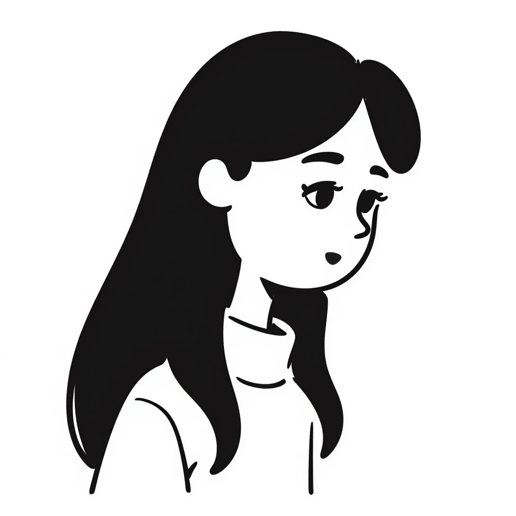 pale girl with long black hair, sad expression, emotional, stylized, unique visual takes, hand drawn doodle style emoji