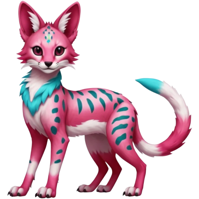 Epic complex detailed sanguine-red magenta pink white pastel realistic aesthetic-scenic-Fakémon-Trico-Sergal-Serval-Vernid-creature with cyan markings  emoji