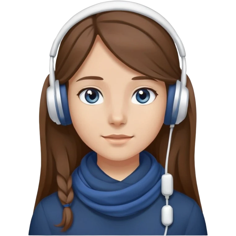 A girl has brown long hair wear white headset wearing dark blue shirt and white scarf has dark blue or gray eyes emoji