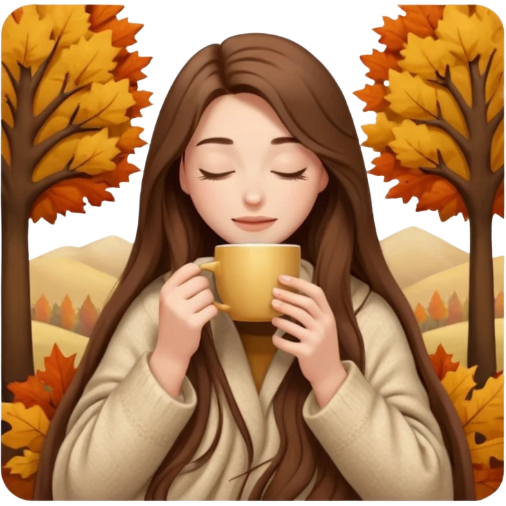 long brown hair woman closed eyes hiding under a cozy wool beige blanket, holding cup of coffee, autumn mood emoji