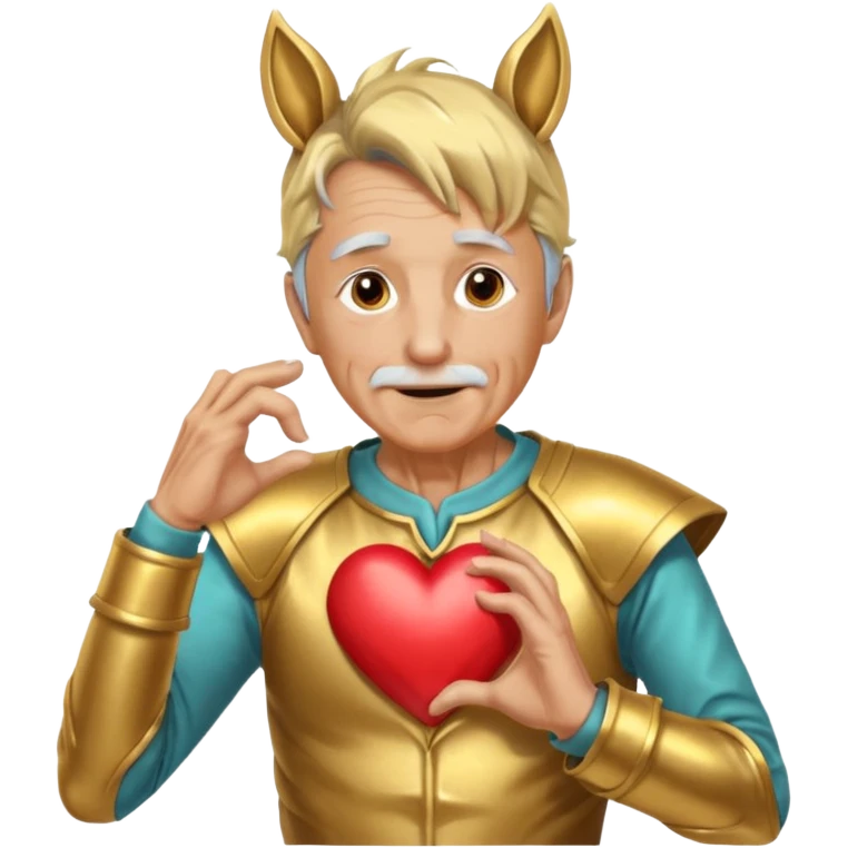An elderly man with golden skin, his body shining like polished metal, wearing a horse cosplay costume with horse ears and a tail. He is making a heart shape with his hands and blushing slightly, showing a shy and embarrassed expression. emoji