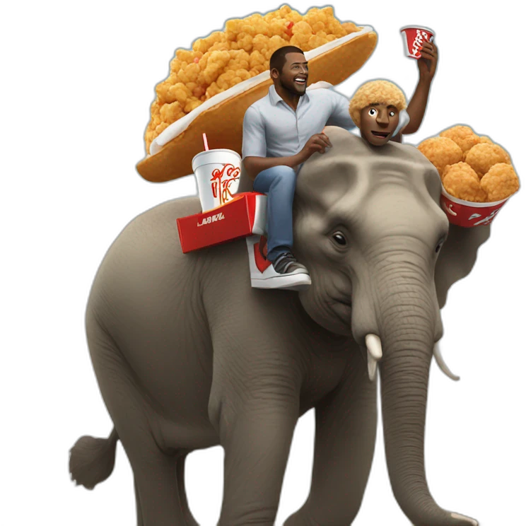 black man, riding a giant elephant while eating kfc emoji