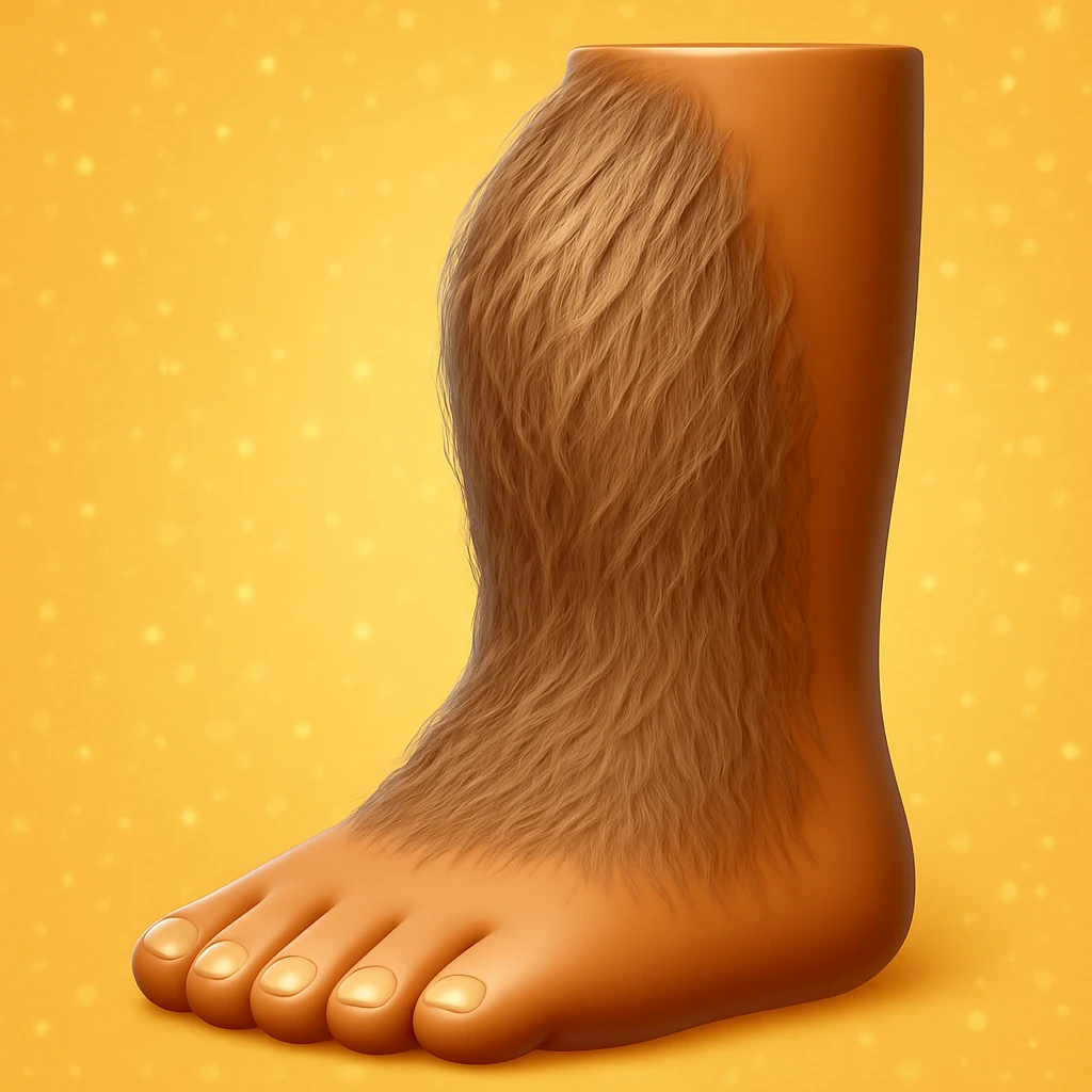 Create an emoji that looks exactly like the reference image in iOS emoji style. The emoji should have 3D appearance, shiny surface, smooth gradients, soft shadows, and a realistic hairy leg and foot with a classic emoji look. Add a subtle highlight to the hair. emoji