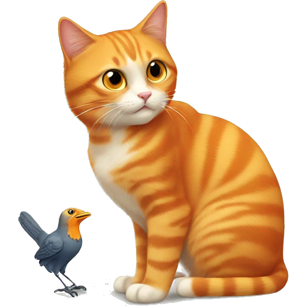 Orange cat playing with a bird emoji