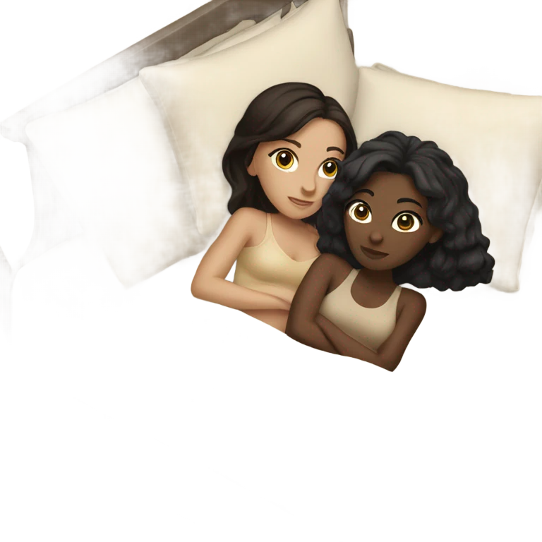 two white girls with dark colored hair in beige bed emoji