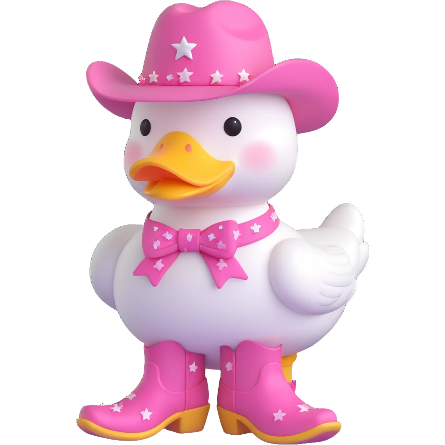 A white duck wearing a pink cowboy hat with a pink bow around its neck and pink cowboy boots with yellow stars emoji
