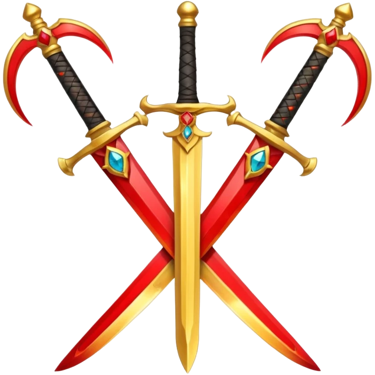 Two crossed swords that are golden in blade and handle and have fiery and royal appearence to them as well as red gem stones yellow in color emoji