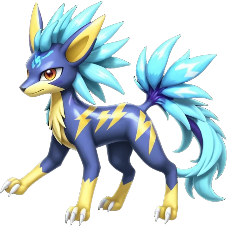 Shiny colorful exotic Feral Scaly Striking Slaying Badass Evil Handsome Lightning-patterned Zig-zagged buzzy fuzzy Meloetta-Renamon-Luxray-Cobalion-Suicune-Vernid-fusion-hybrid-creature, full body  emoji