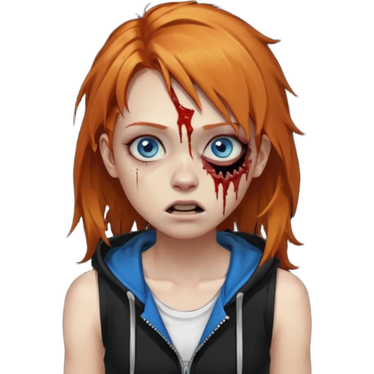 сделай рыжую девушку зомби с избитым лицом, не в полный рост, пусть ее рыжие волосы будут ниже груди с осветленными прядями, глаза у нее будут голубые, а одета она будет в дранную белую майку и черную зип худи emoji