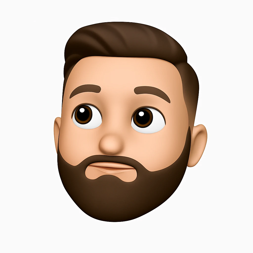 Transform this photo into a front-facing 3D emoji-style head of a handsome man. Keep the facial features recognizable but stylized like a modern emoji—smooth, clean, and expressive. Make the eyes look slightly upward, as if he’s thinking or imagining something. Only the head, no body. Use soft 3D shading and a white background. No text. emoji