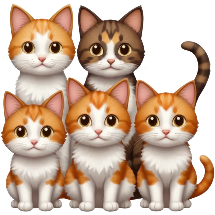 3 different coloured small cats including a dark brown tabby and white, and a patchy calico, and a ginger and white emoji
