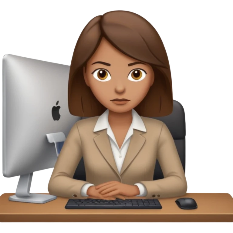 Uma mulher de cabelo castanho que é professora e um pouco brava a trabalhar no computador sem usar óculos emoji