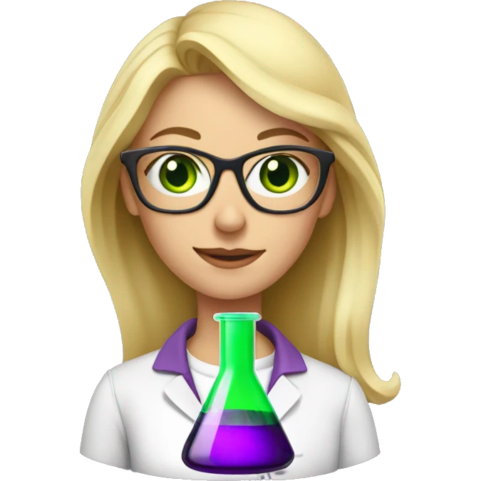 chemistry blonde woman holding a beaker containing a purple solution wearing glasses with green eyes emoji