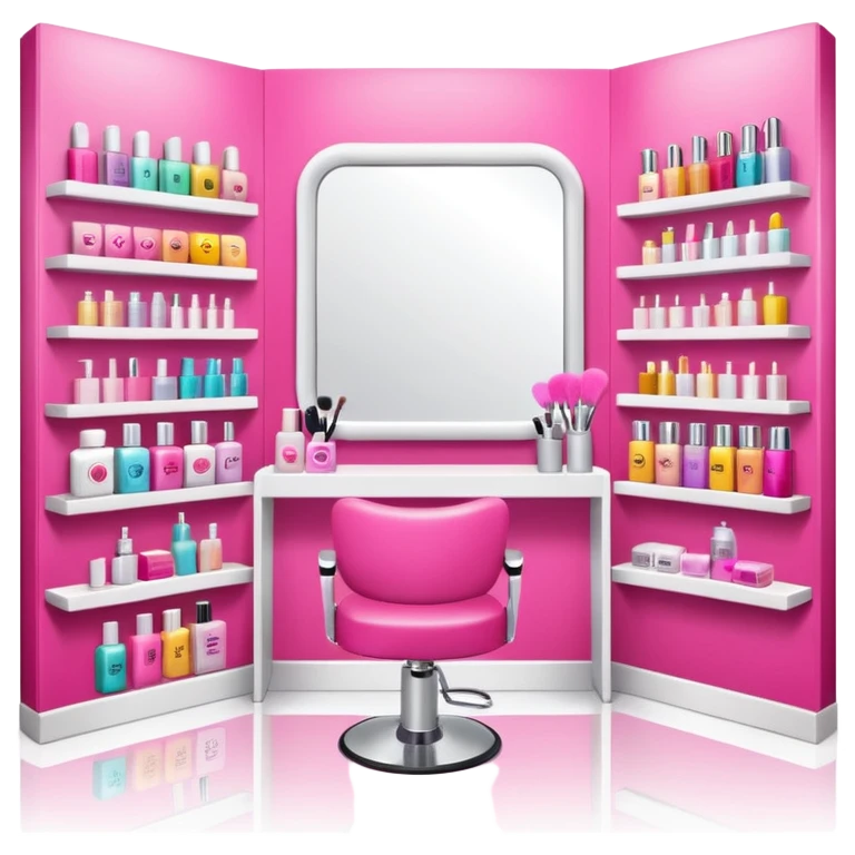 big beauty salon showcase with well-organized brand-labeled beauty products on a white shelves, emoji style, with a nearby hairstylist chair in pink color and a big mirror, more details emoji