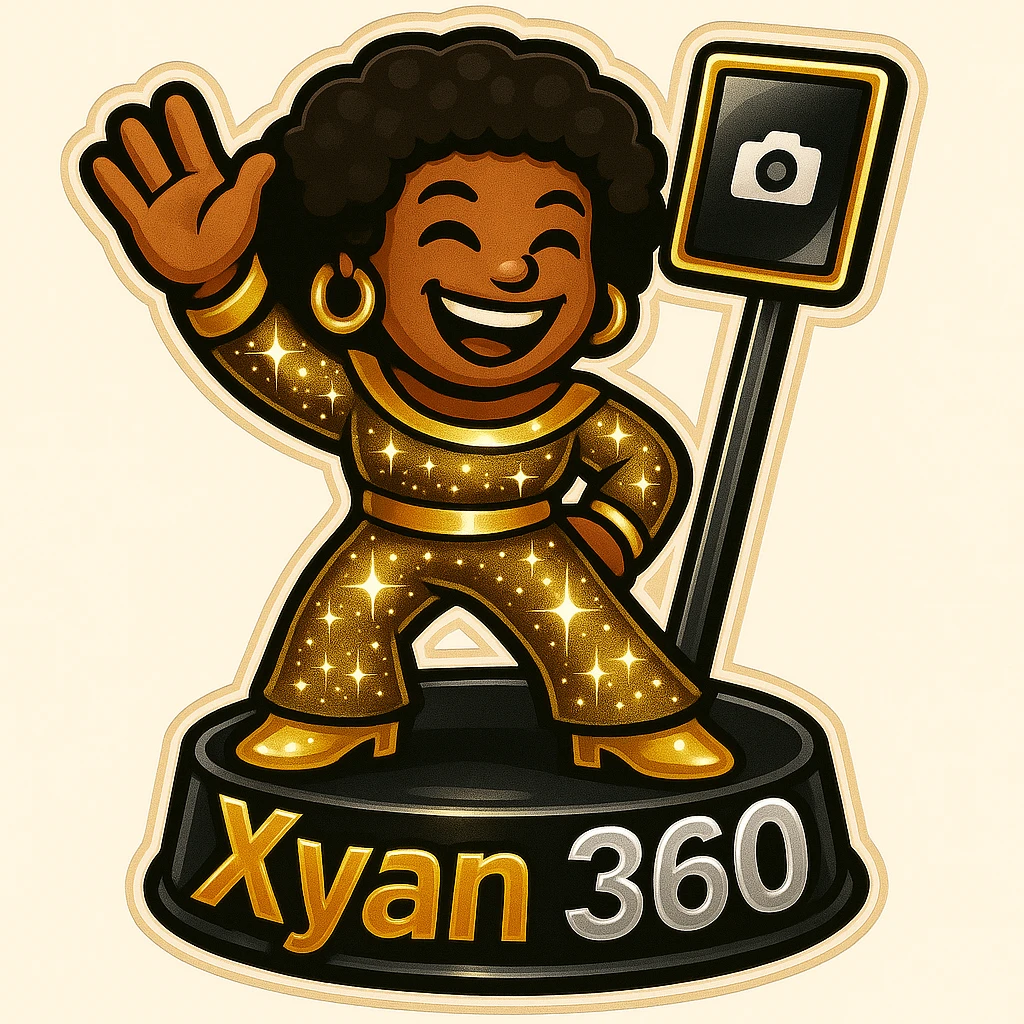 Edit the 360 booth image to clearly show the camera as an iPad. Keep the sparkling 1970s disco emoji and the 'Xyan 360' text on the booth. Maintain the bold gold, silver, black, and white color theme and the retro stickers style. emoji