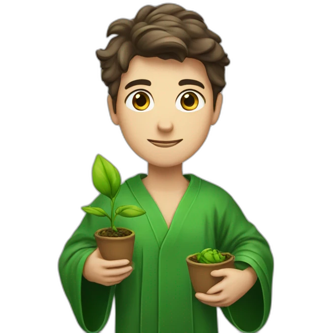 a European-looking student in a green robe with a sprout of green in his hands emoji
