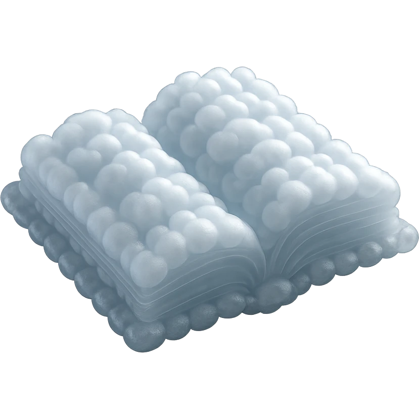 top view of a thick open book made entirely of small, very bright white fluffy convex clouds, matte glass style emoji