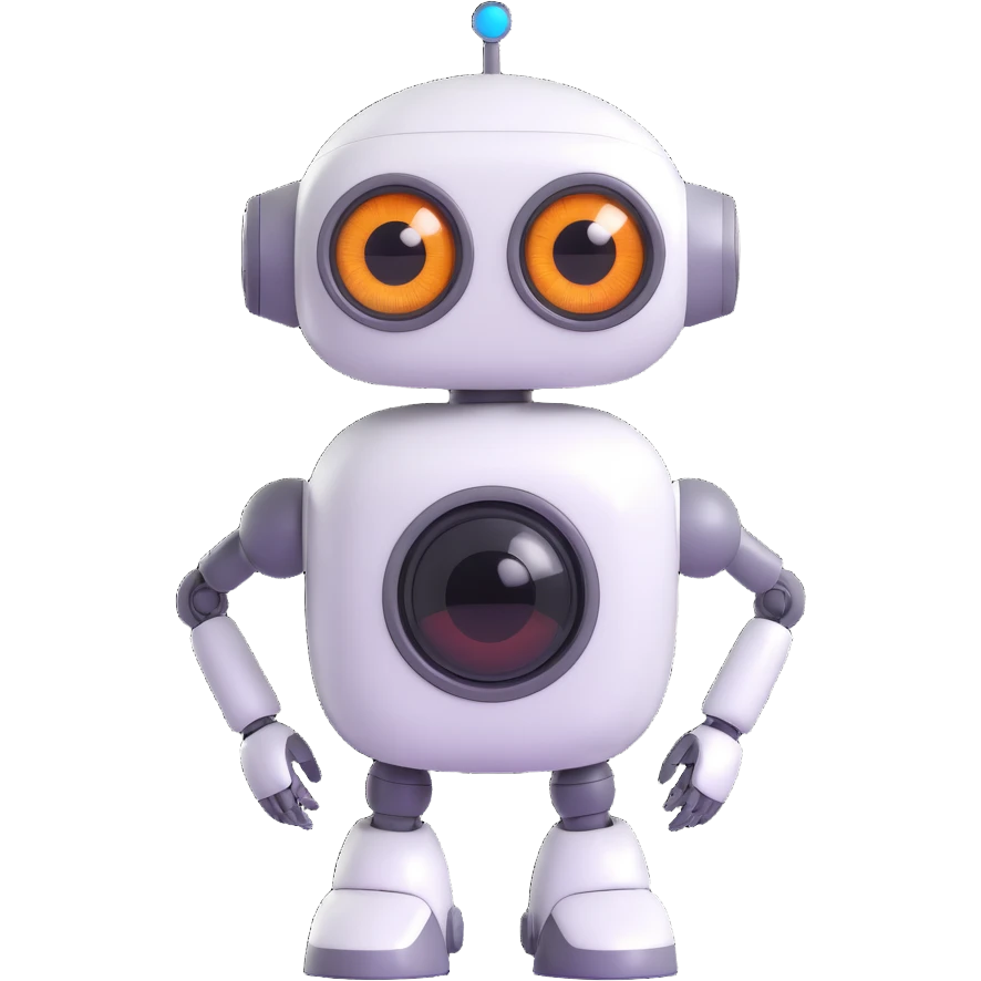 Friendly robot with big expressive eyes — round head, glossy finish, slightly clumsy but charming (think Wall-E meets Baymax). emoji