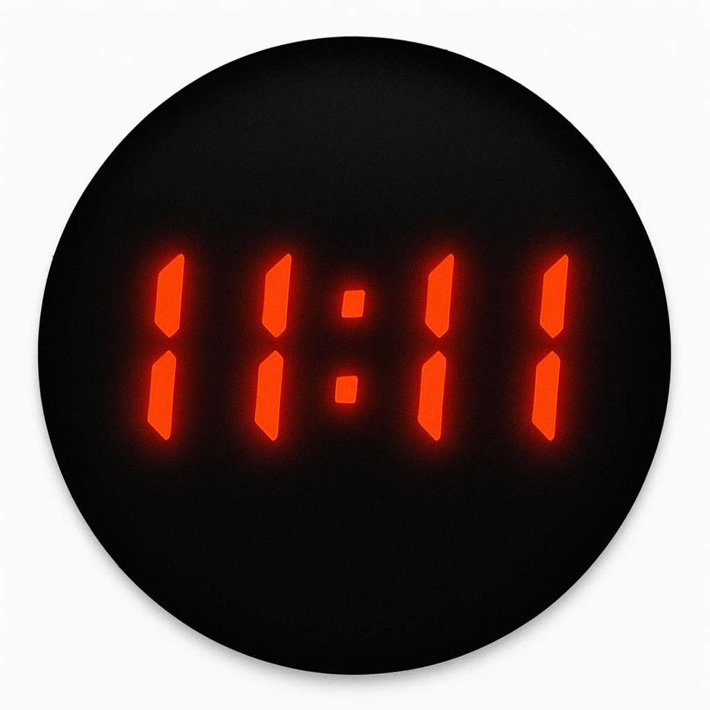 emoji with a black circle background, '11:11' in red segmented digital clock font, glowing effect emoji