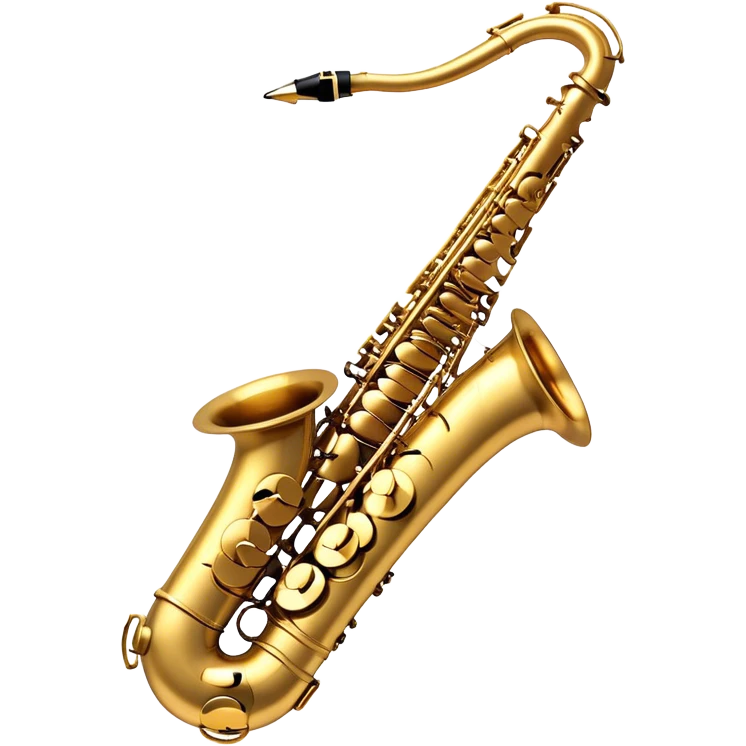 Create a sleek and sophisticated emoji representing the Selmer Super Action 80 Series II saxophone. The design should feature the smooth, golden brass body of the saxophone with its shiny keys and beautiful curves. Highlight the iconic bell of the saxophone and the fine details of the keywork, including the pads and springs. Include the mouthpiece at the top with a reed visible, capturing its essential role in sound production. Use rich gold and brass tones for the instrument with subtle light reflections to enhance its professional appearance. Add musical notes floating around the saxophone to evoke its smooth, jazzy sound. The background should be transparent. emoji