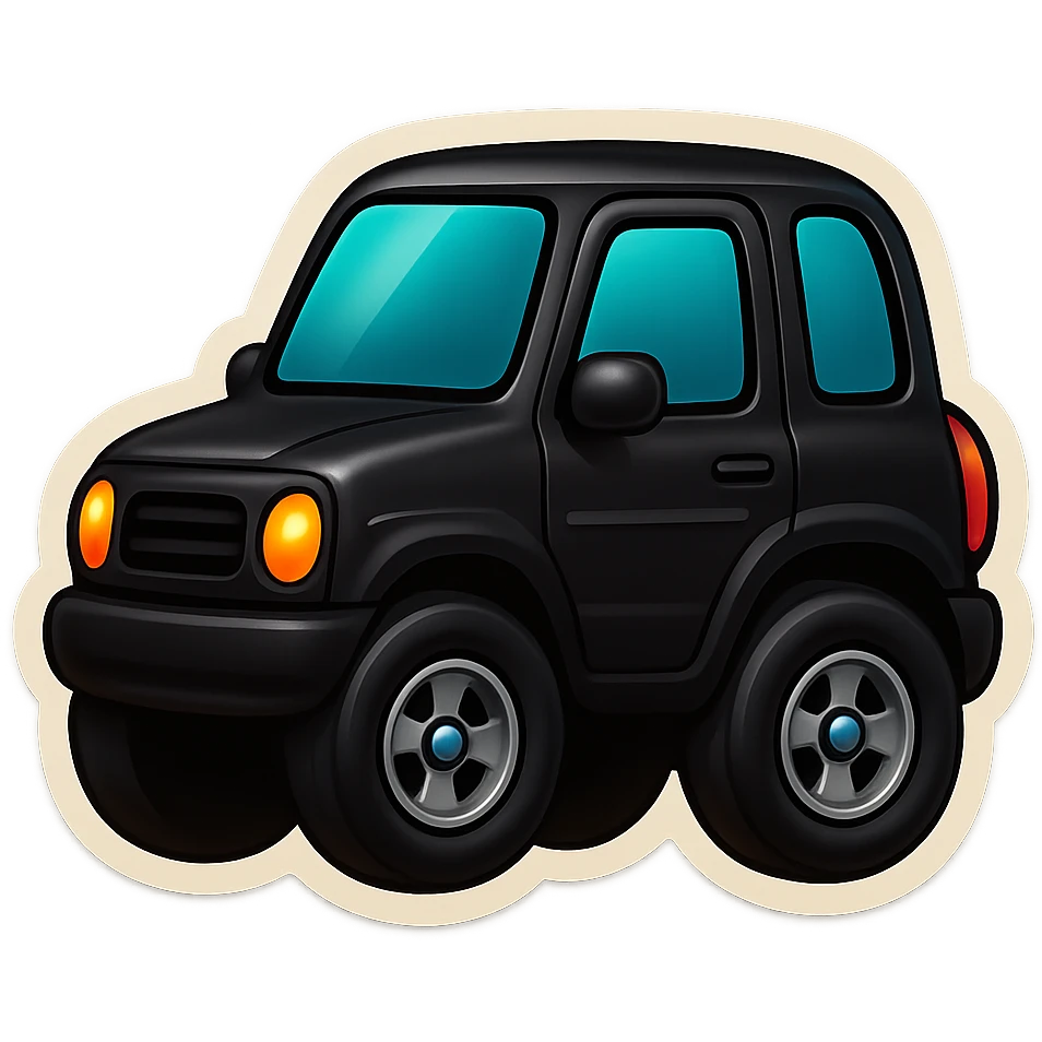 Transform the Mercedes G-Class into a squeezed minicar with a shorter and taller body, bigger wheels and windows. Make it look cute and playful in a black color with minimal details and a glossy finish, in a retro stickers emoji style. emoji