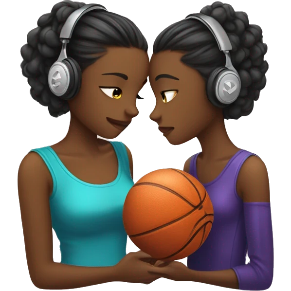 dwo girls kissing, one holds a basket ball and the other has headphones  emoji