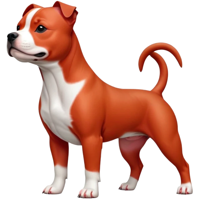 cinematic-[Staffordshire bull terrier]-realistic-full-body-standing-emoji,-tail-resting-loosely-beside-its-paws,-head-tilted-dramatically, -sleek-[red and white]-fur,-simplified-yet-realistic-focused-features,-highly-detailed,-glowing-with-an-almost-sarcastic-glow emoji