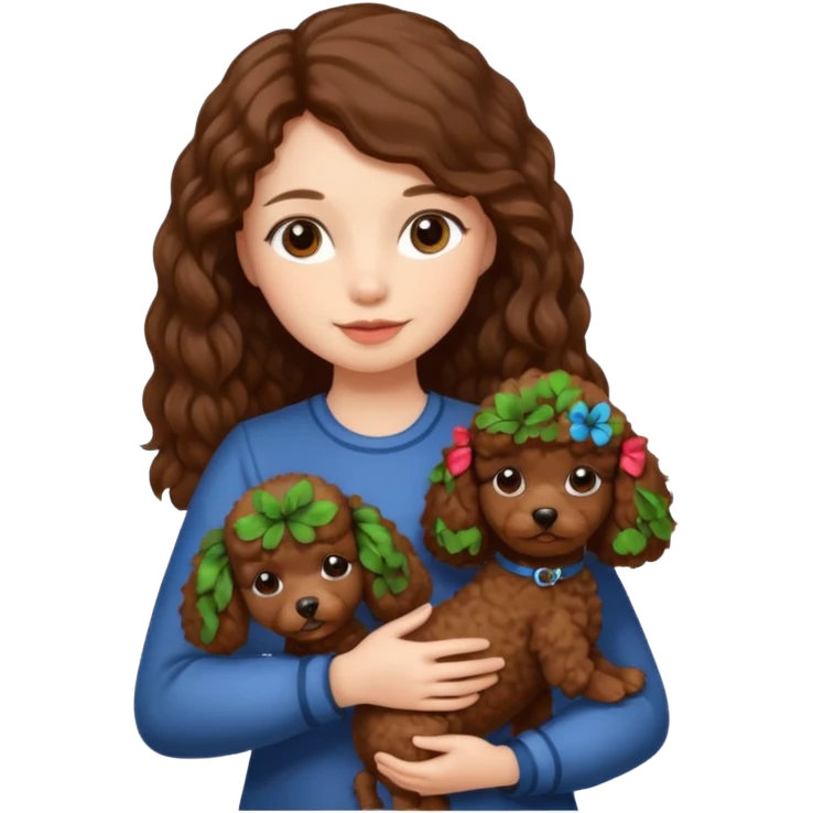 dziewczyna, długie brązowe włosy z małym brązowym pudlem na ręce emoji