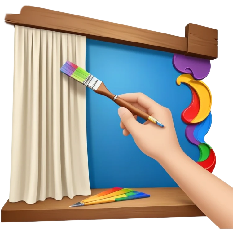 Hand holding a paintbrush over a 3D room model, with a wooden beam, theater curtain, ruler, and color palette swirling in a creative orbit emoji