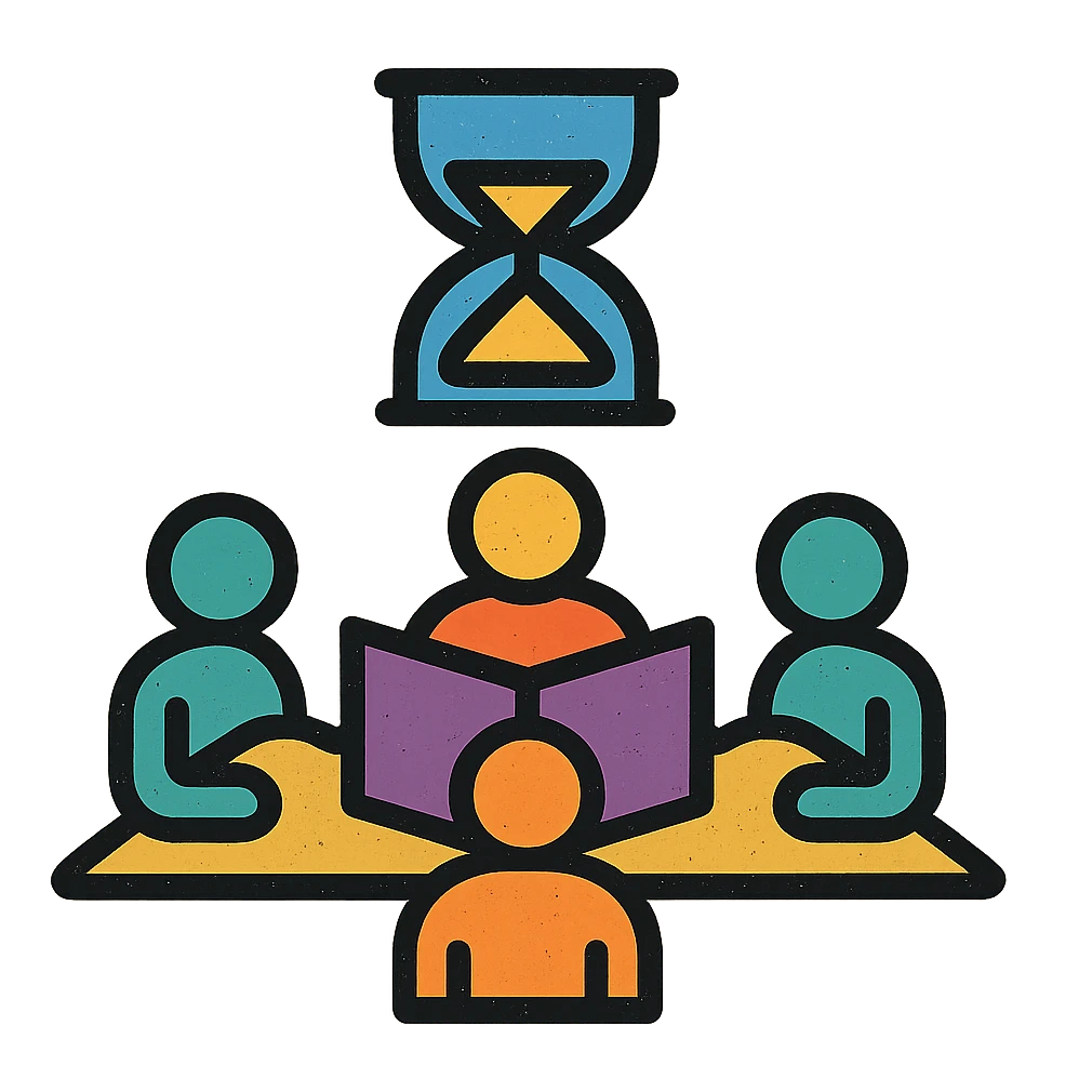 minimalist icon of players and a game master collaborating around a table or DM screen, with a clock or hourglass representing a multi-day marathon, worn and distressed look emoji