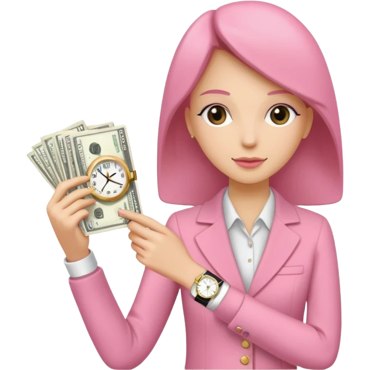 Libreta rosa, reloj femenino blanco y un dolar emoji