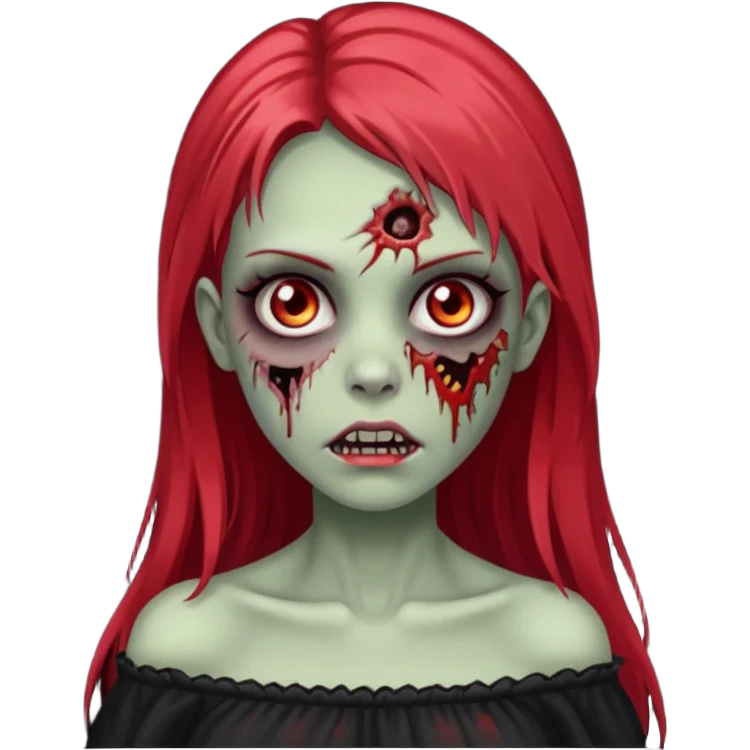 Garota zumbi com cabelo liso longo e mechas vermelhas na lateral da cabeça dos dois lados, usando uma blusa com manga caida preta emoji