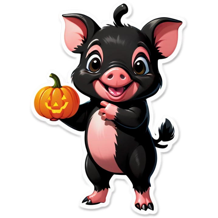 A black piglet holding a pumpkin with “luck x4” written on it. emoji