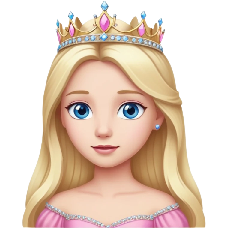 Princess with blue eyes, long blonde hair, tiara and pink dress emoji