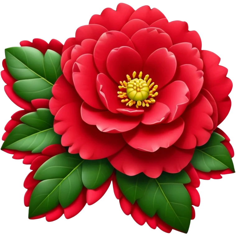 Beautiful red camellia flower with layered petals and glossy green leaves emoji