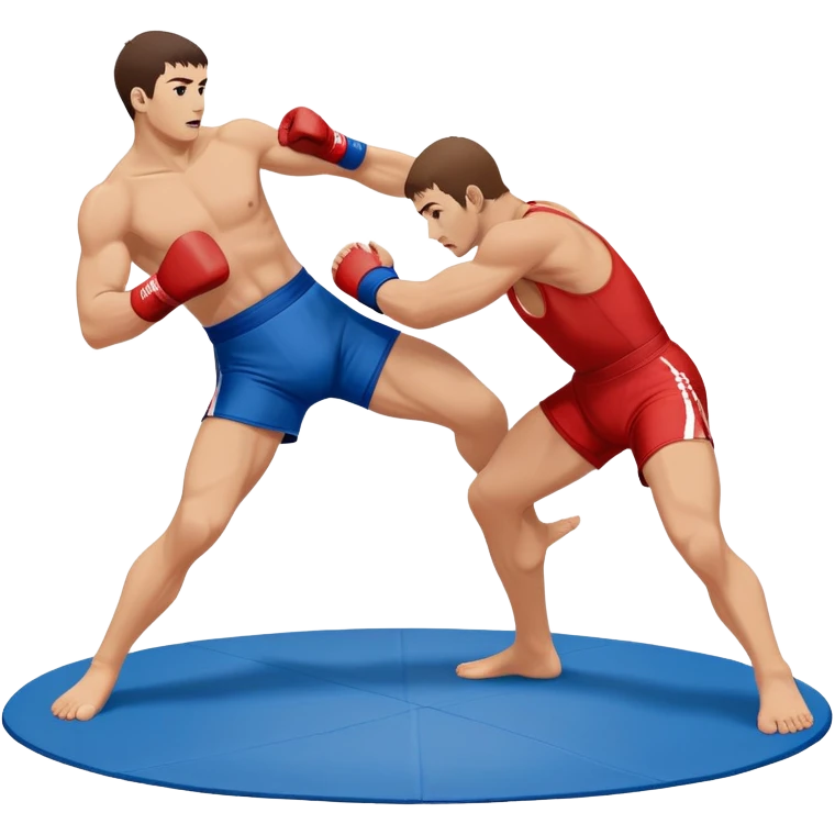 Two sambo fighters in blue and red gis with shorts, executing grappling and throwing techniques. The athletes are engaged in a dynamic hold or throw, showcasing the strength and skill of the sport. The background features a wrestling mat. Transparent background  emoji