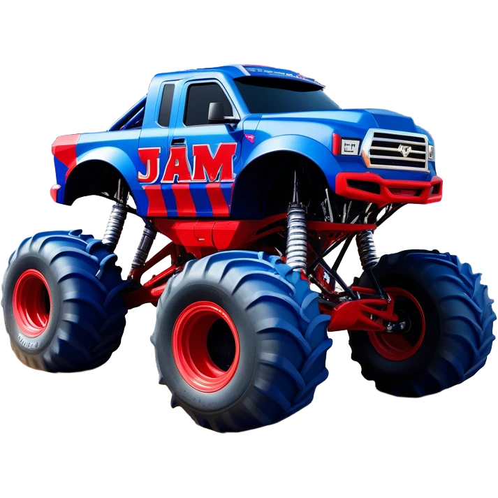 Avenger - Monster Jam (Model Year: 2021) (Iconic colour: Blue and red) - A dynamic monster truck with a split-color scheme: predominantly blue accented by bold red elements. Focus on strong, angular lines and vivid contrasting colors that evoke high energy and a futuristic, rebellious style. emoji