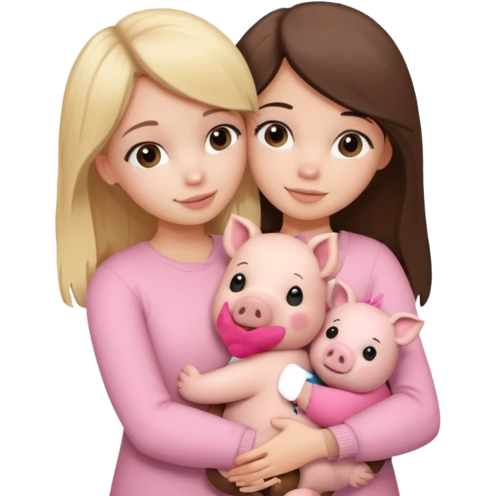 Girlfriends, blonde and brunette, hugging each other with a teddy bear and a little pig emoji