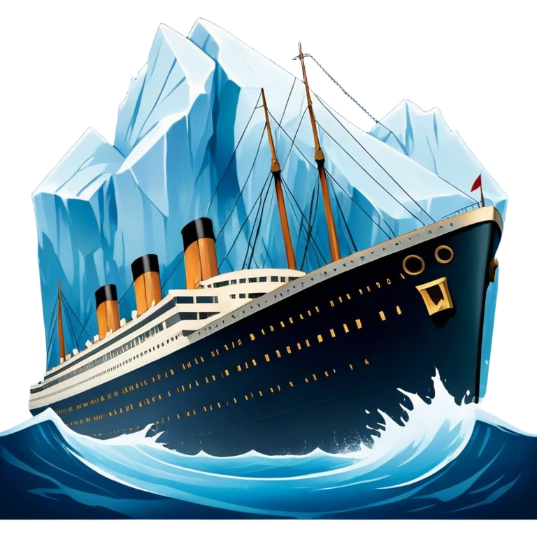 Icon for Titanic Movie: A vintage movie poster-style design featuring a dramatic scene of the ship, the iceberg, and a romantic silhouette of the main couple. Include elements like the ship’s bow, water splashes, and a starry sky in the background. Retro cinematic feel. Transparent background. emoji