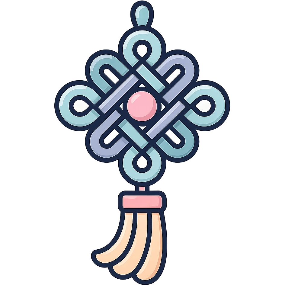 Chinese happiness knot with tassel, icon-color-outlined style, detailed shadows and highlights, thin clean contours, soft rounded shapes, pastel palette #98B5BC, #B5B3C1, #C9A3C9, #E4C0CA, #F7DCD1, #F7C0AA, modern Japanese pop art and sticker aesthetics, high detail, vector sharpness, soft lighting, transparent background emoji