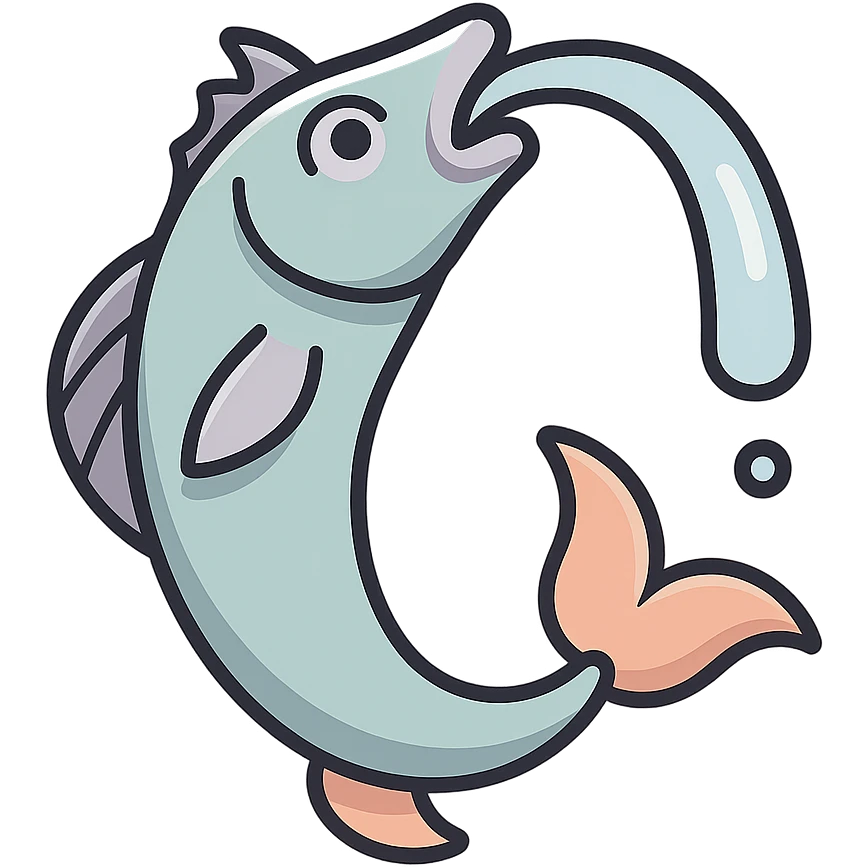 elongated fountain in the shape of a curved fish with a water stream flowing from its mouth, eastern style, detailed drawing with shadows and highlights, thin clean contours, soft rounded shapes, pastel palette #98B5BC, #B5B3C1, #C9A3C9, #E4C0CA, #F7DCD1, #F7C0AA, modern Japanese pop art and sticker aesthetics, soft lighting, transparent background, no stand emoji