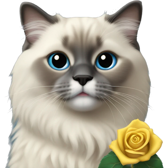 Blue colorpoint ragdoll with dark face and nose holding a yellow rose emoji
