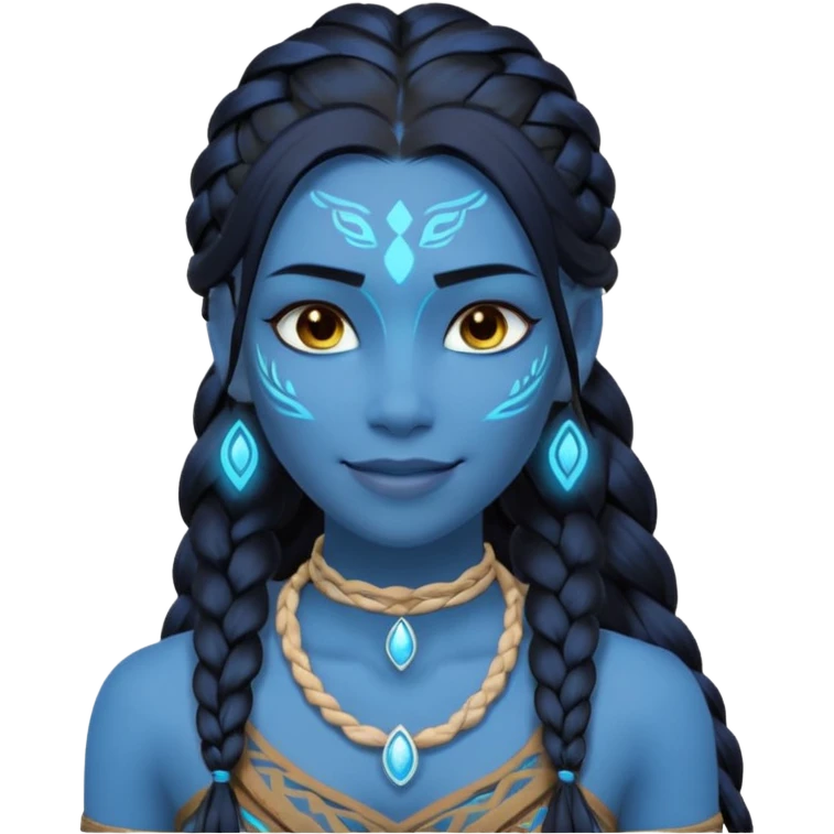 avatar-style Na’vi female portrait, head and shoulders only, blue skin, glowing bioluminescent markings, long braided hair, subtle tribal jewelry, confident smile, 3D cartoon, mobile game icon style, clean background, no text, no watermark
 emoji