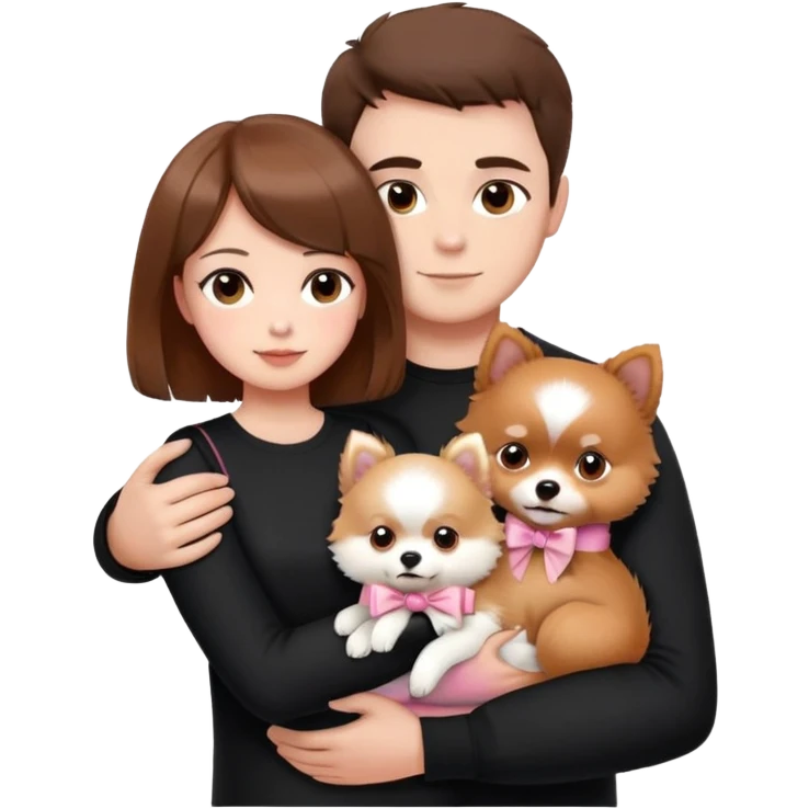 shorthair girl with black shirt  with husband brown hair brown eyes hugging white Pomeranian with light pink bow ponerania another pomerania red brown emoji