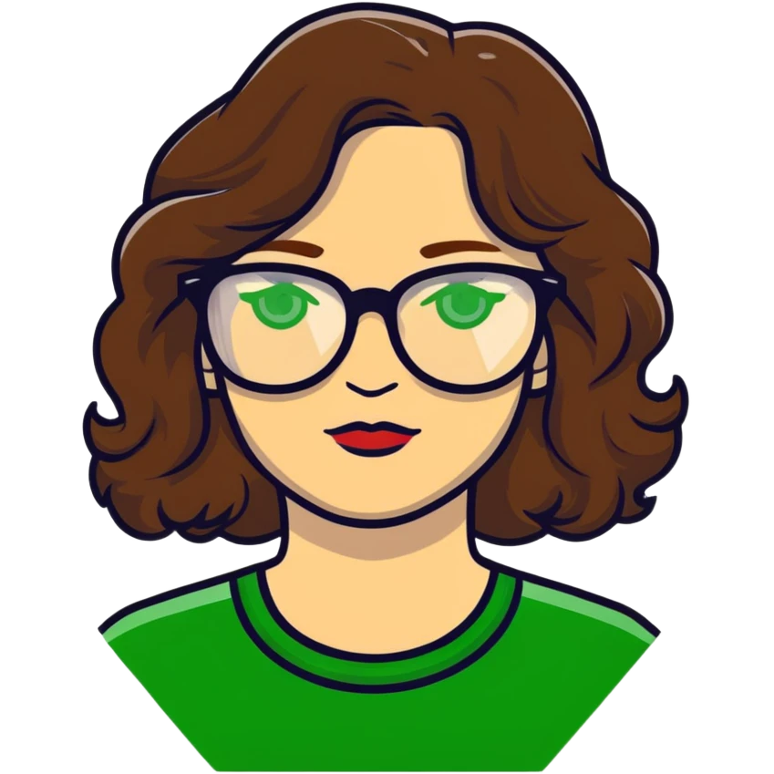 woman with pale skin, brown wavy hair, green eyes, gold glasses emoji